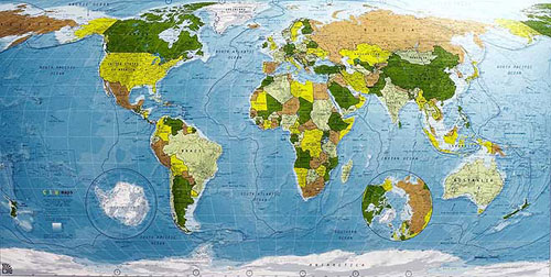 World map in Khaki to Yellow to Sage to Gold from Future Mapping Co..