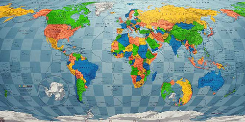 Weltkarte in Grun zu Rot zu Orange zu Blau von Future Mapping Co..