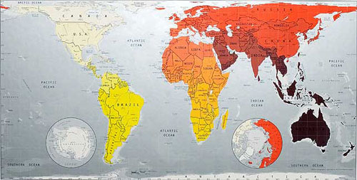 Carte du monde dans les teintes Jaune Rouge Violet de Future Mapping Co..