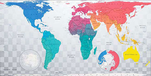 Weltkarte in Blau zu Smaragd zu Pink zu Gelb von Future Mapping Co..